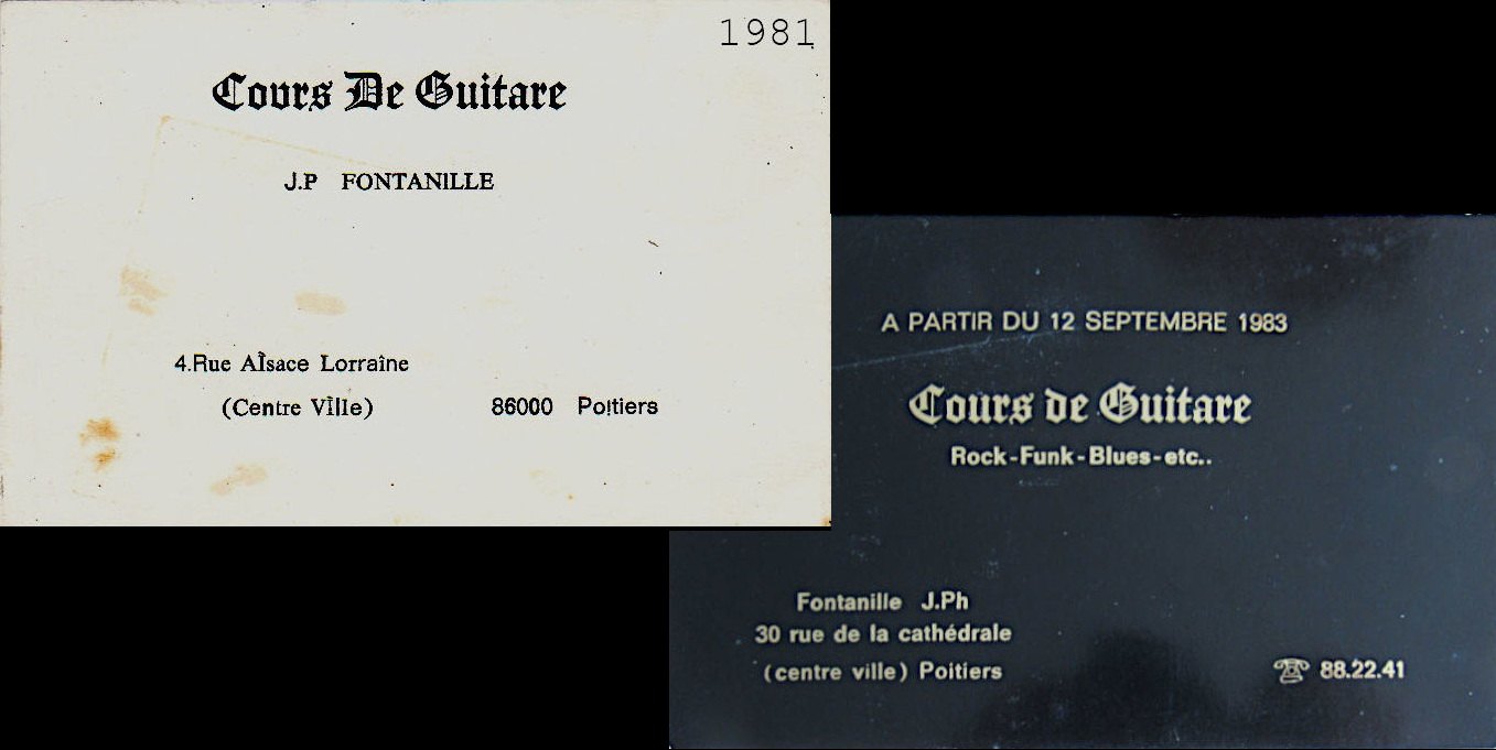 Anciennes cartes de visite : Cours de guitare J.P. Fontanille, Poitiers, 1981 et 1983