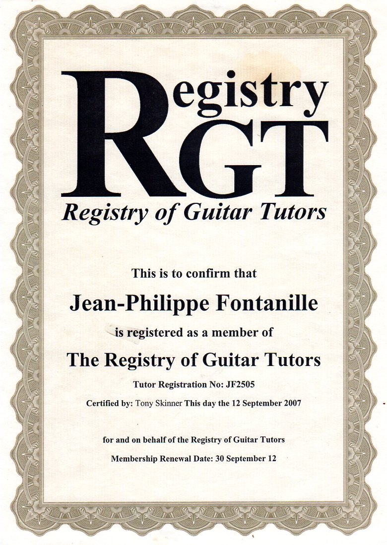 Certificat du Registry of Guitar Tutors au nom de Jean-Philippe Fontanille
